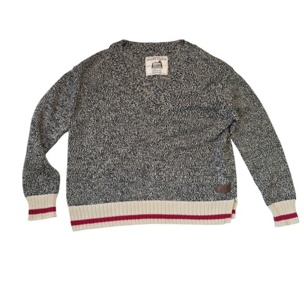 Roots Cabin‎ Canada Knit V Neck Sweater Charcoal Cream Red Stripe
